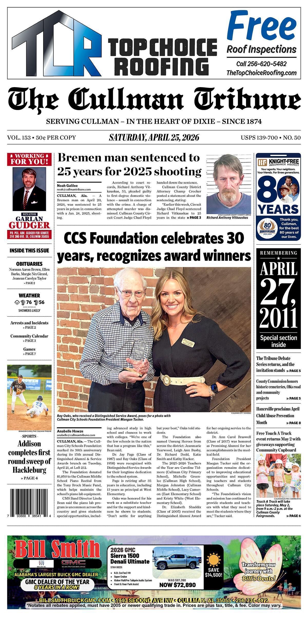 Good Morning Cullman! The 04-25-2026 edition of the Cullman Tribune is now ready to view.
