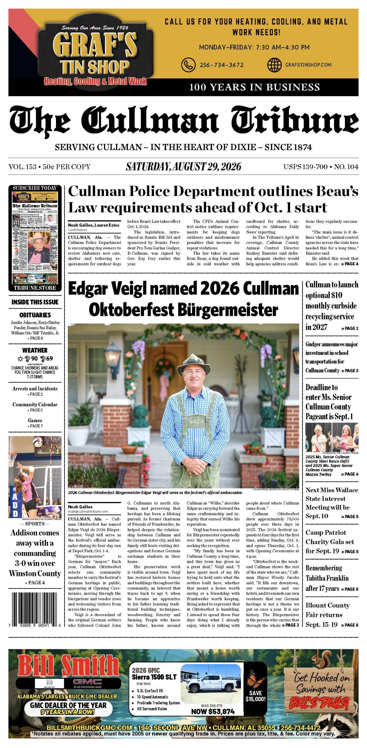 Good Morning Cullman! The 08-29-2026 edition of the Cullman Tribune is now ready to view.