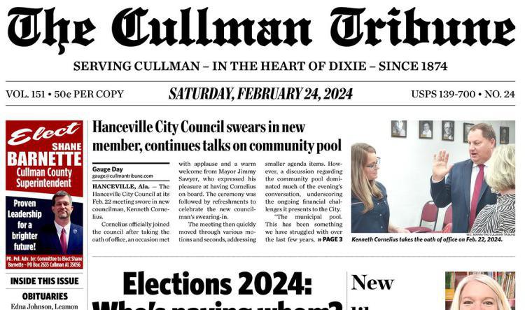 Good Morning Cullman! The 02-24-2024 edition of the Cullman Tribune is now ready to view.