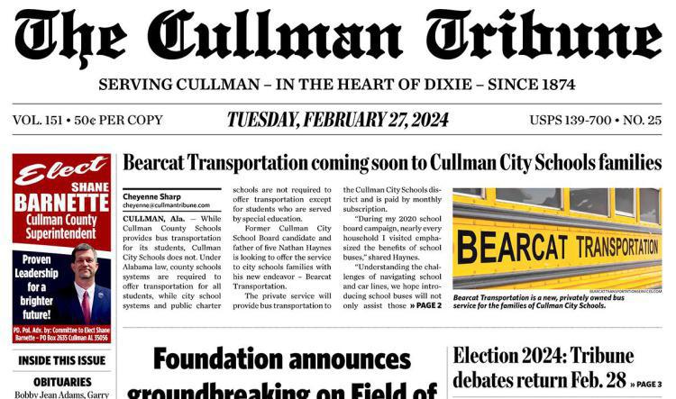 Good Morning Cullman! The 02-27-2024 edition of the Cullman Tribune is now ready to view.