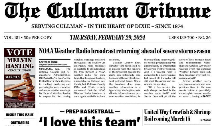 Good Morning Cullman! The 02-29-2024 edition of the Cullman Tribune is now ready to view.