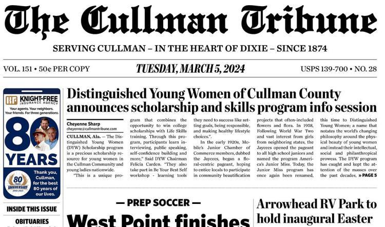 Good Morning Cullman! The 03-05-2024 edition of the Cullman Tribune is now ready to view.