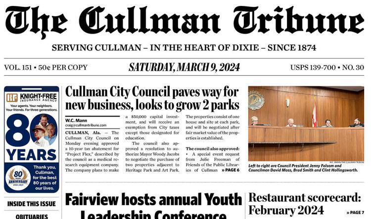 Good Morning Cullman! The 03-09-2024 edition of the Cullman Tribune is now ready to view.