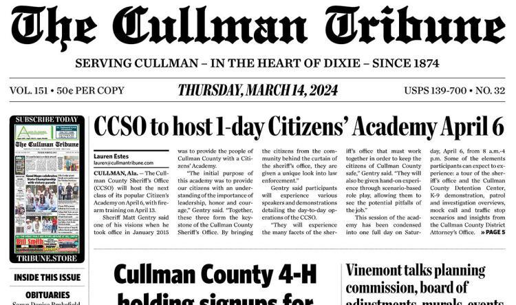 Good Morning Cullman! The 03-14-2024 edition of the Cullman Tribune is now ready to view.