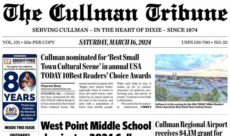 Good Morning Cullman! The 03-16-2024 edition of the Cullman Tribune is now ready to view.