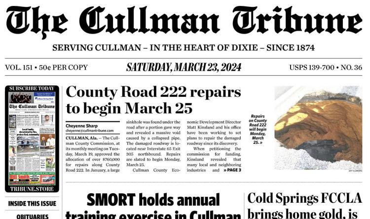 Good Morning Cullman! The 03-23-2024 edition of the Cullman Tribune is now ready to view.