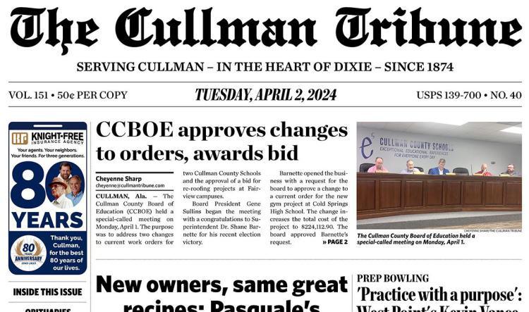 Good Morning Cullman! The 04-02-2024 edition of the Cullman Tribune is now ready to view.