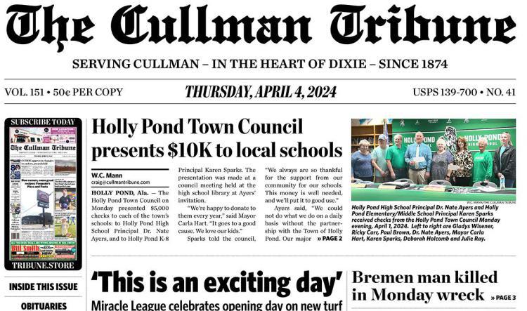 Good Morning Cullman! The 04-04-2024 edition of the Cullman Tribune is now ready to view.