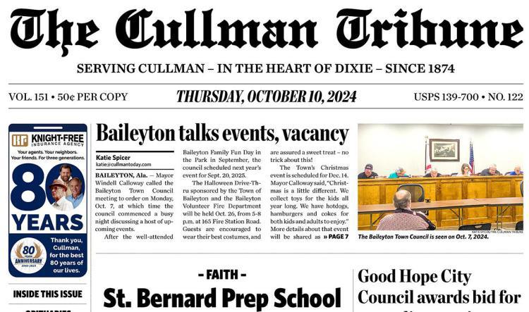 Good Morning Cullman! The 10-10-2024 edition of the Cullman Tribune is now ready to view.