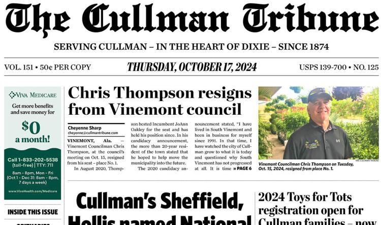 Good Morning Cullman! The 10-17-2024 edition of the Cullman Tribune is now ready to view.