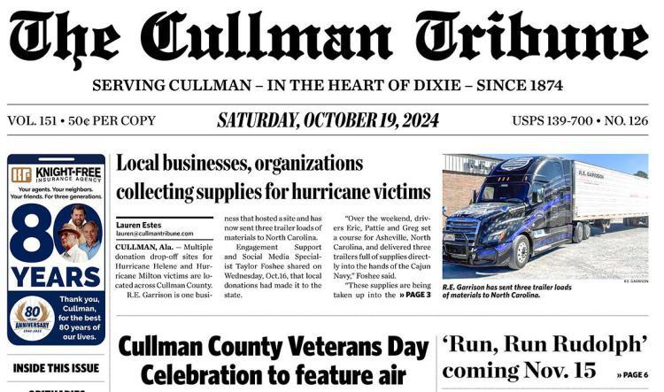 Good Morning Cullman! The 10-19-2024 edition of the Cullman Tribune is now ready to view.