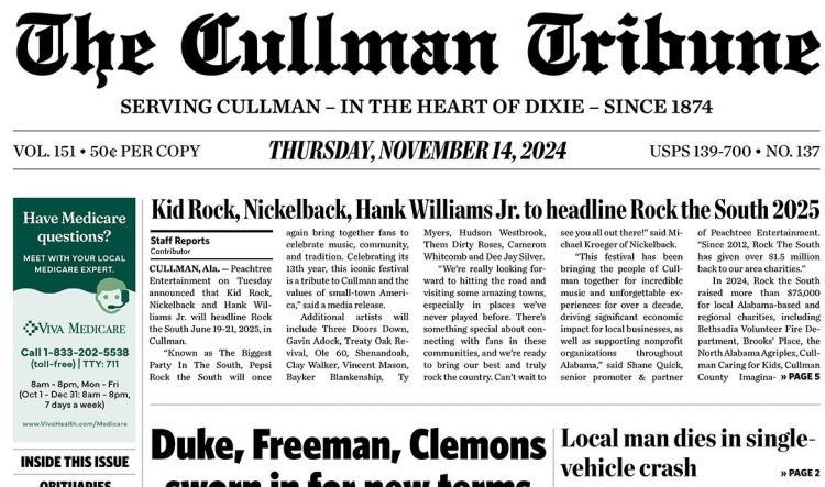 Good Morning Cullman! The 11-14-2024 edition of the Cullman Tribune is now ready to view.