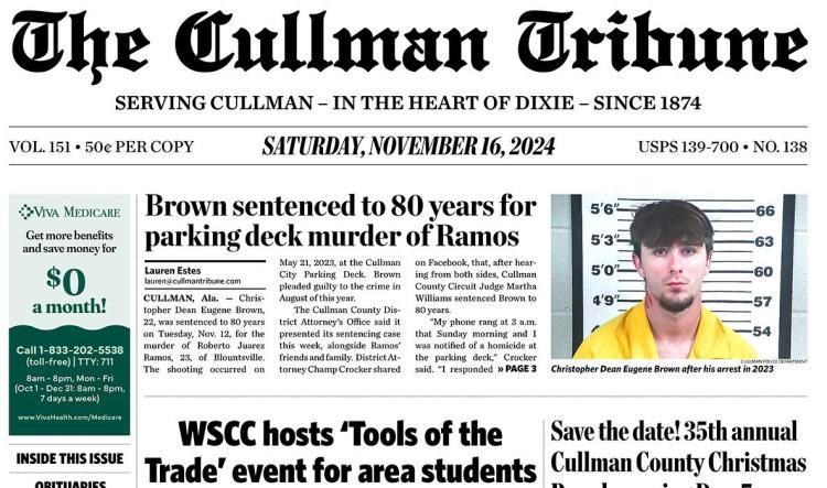 Good Morning Cullman! The 11-16-2024 edition of the Cullman Tribune is now ready to view.