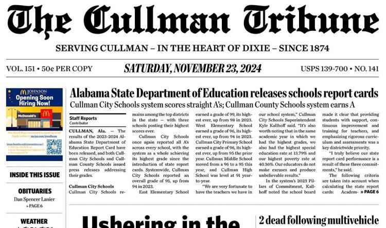 Good Morning Cullman! The 11-23-2024 edition of the Cullman Tribune is now ready to view.