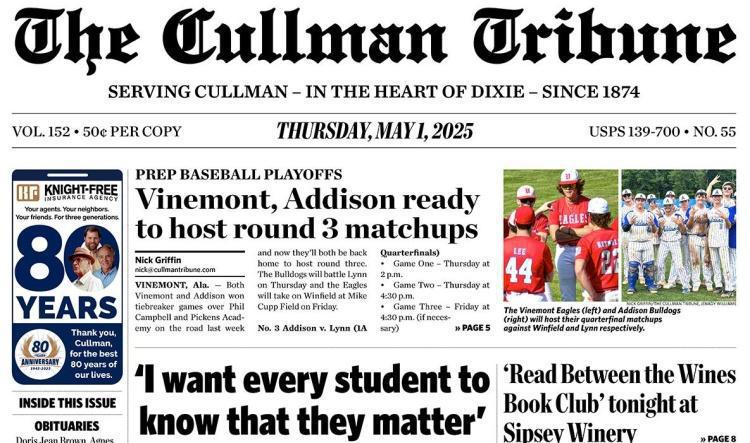 Good Morning Cullman! The 05-01-2025 edition of the Cullman Tribune is now ready to view.
