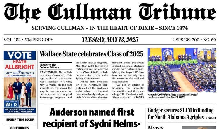 Good Morning Cullman! The 05-13-2025 edition of the Cullman Tribune is now ready to view.