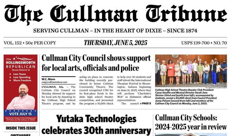Good Morning Cullman! The 06-05-2025 edition of the Cullman Tribune is now ready to view.