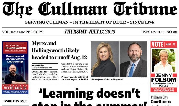 Good Morning Cullman! The 07-17-2025 edition of the Cullman Tribune is now ready to view.