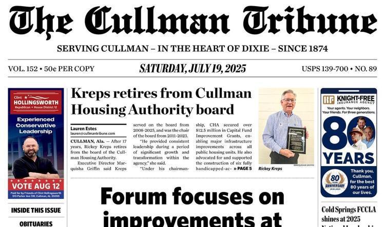 Good Morning Cullman! The 07-19-2025 edition of the Cullman Tribune is now ready to view.