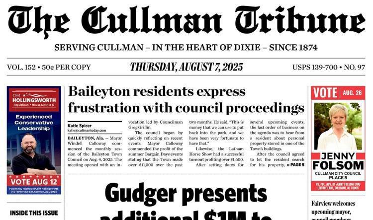 Good Morning Cullman! The 08-07-2025 edition of the Cullman Tribune is now ready to view.