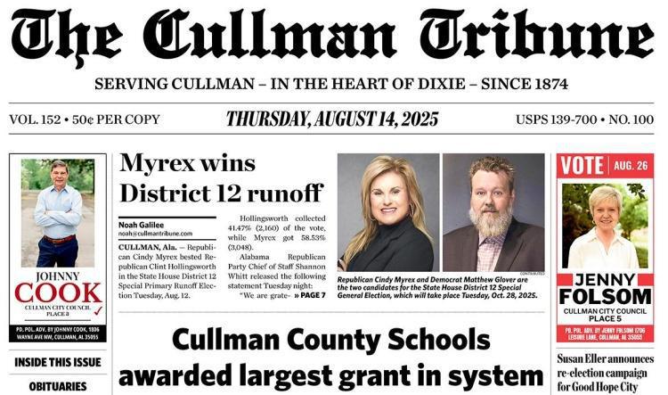 Good Morning Cullman! The 08-14-2025 edition of the Cullman Tribune is now ready to view.