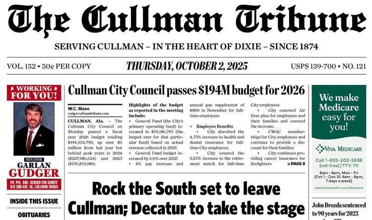 Good Morning Cullman! The 10-02-2025 edition of the Cullman Tribune is now ready to view.