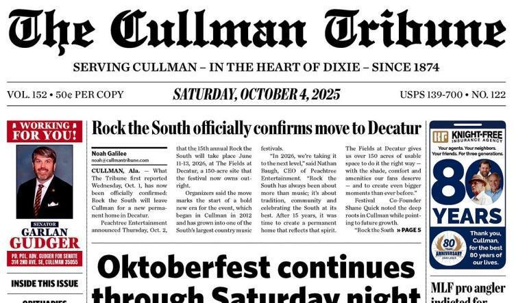 Good Morning Cullman! The 10-04-2025 edition of the Cullman Tribune is now ready to view.