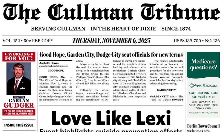 Good Morning Cullman! The 11-06-2025 edition of the Cullman Tribune is now ready to view.