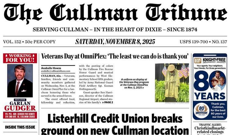 Good Morning Cullman! The 11-08-2025 edition of the Cullman Tribune is now ready to view.