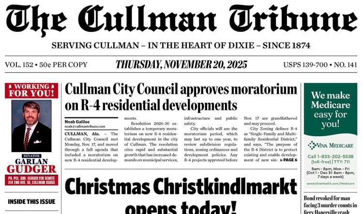 Good Morning Cullman! The 11-20-2025 edition of the Cullman Tribune is now ready to view.