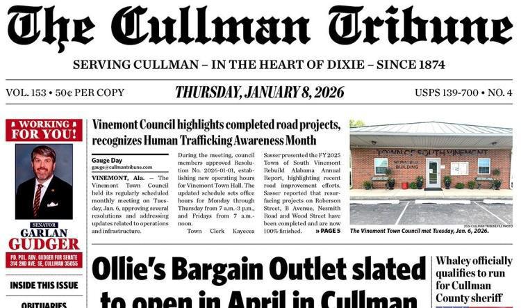 Good Morning Cullman! The 01-08-2026 edition of the Cullman Tribune is now ready to view.