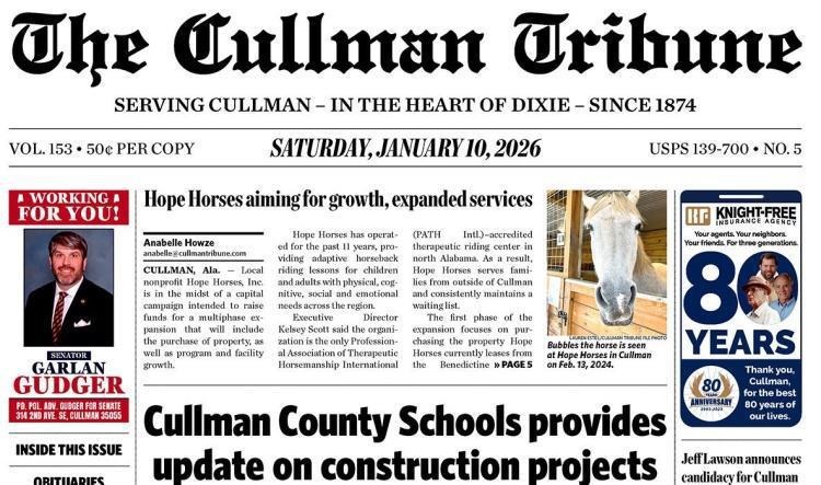 Good Morning Cullman! The 01-10-2026 edition of the Cullman Tribune is now ready to view.