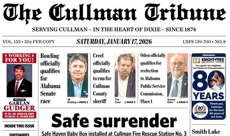 Good Morning Cullman! The 01-17-2026 edition of the Cullman Tribune is now ready to view.