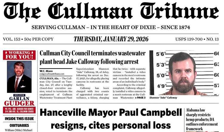 Good Morning Cullman! The 01-29-2026 edition of the Cullman Tribune is now ready to view.