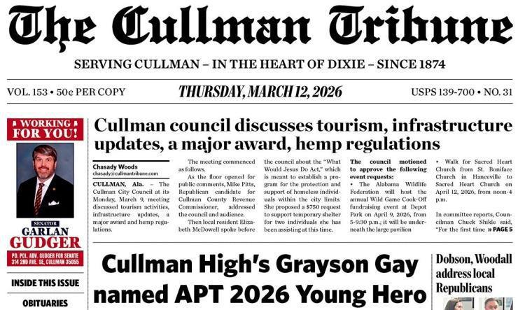 Good Morning Cullman! The 03-12-2026 edition of the Cullman Tribune is now ready to view.