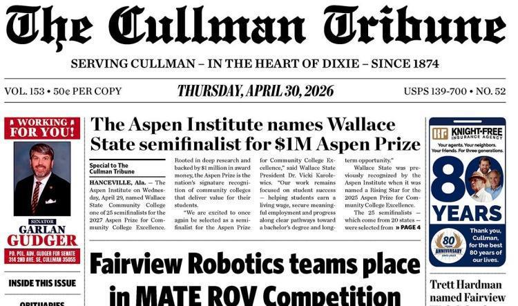 Good Morning Cullman! The 04-30-2026 edition of the Cullman Tribune is now ready to view.