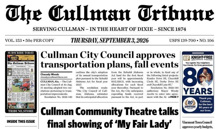Good Morning Cullman! The 09-03-2026 edition of the Cullman Tribune is now ready to view.