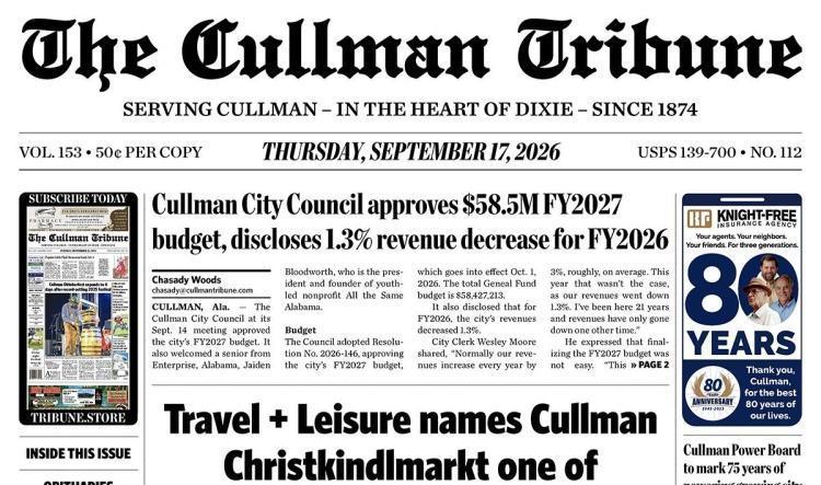 Good Morning Cullman! The 09-17-2026 edition of the Cullman Tribune is now ready to view.