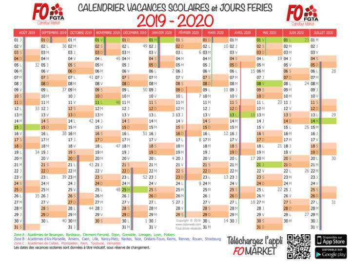 Calendrier des vacances scolaires et jours fériés 2019 / 2020