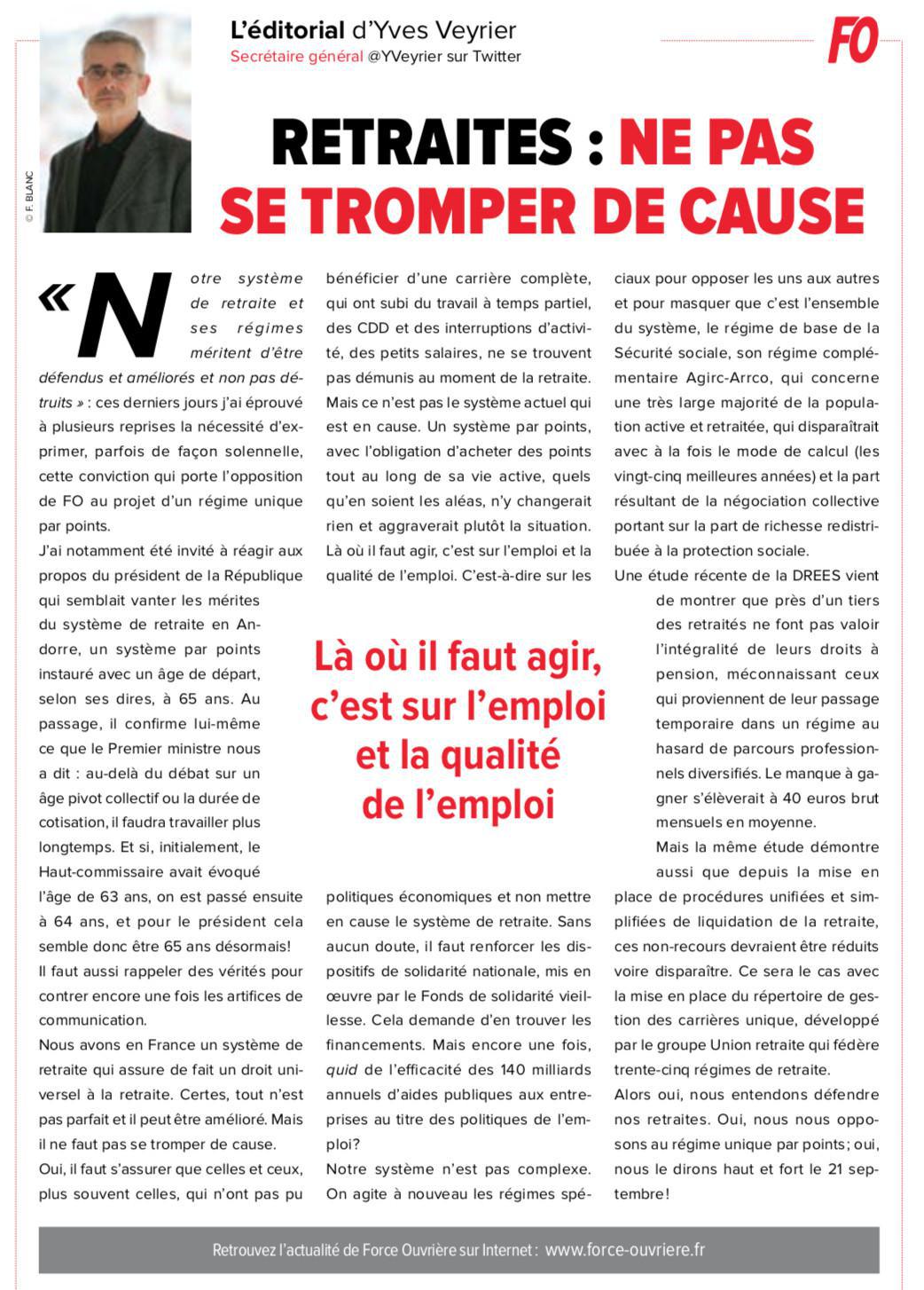 L'Editorial D'Yves Veyrier, Secrétaire Général FO