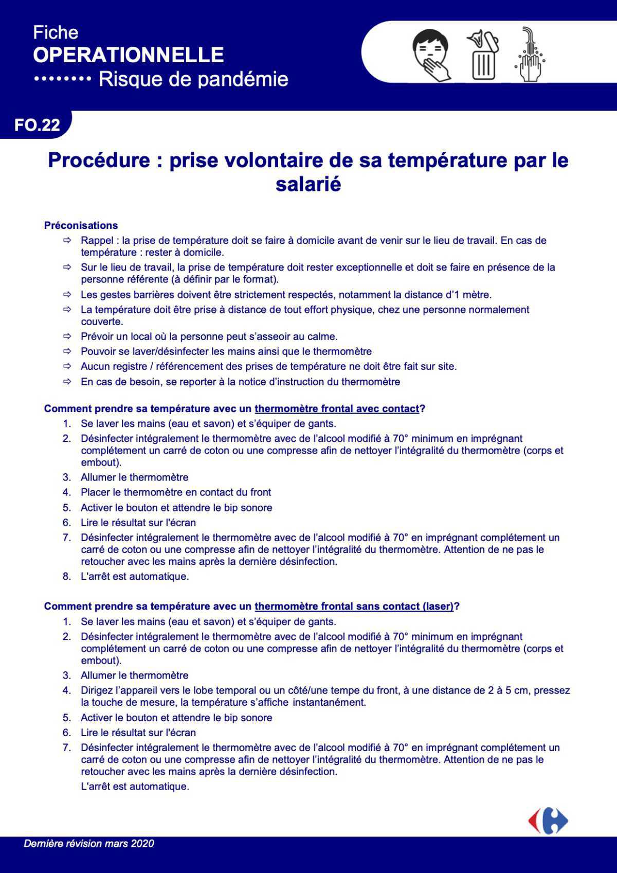 Carrefour - Covid19 : Procédure : prise volontaire de sa température par le salarié
