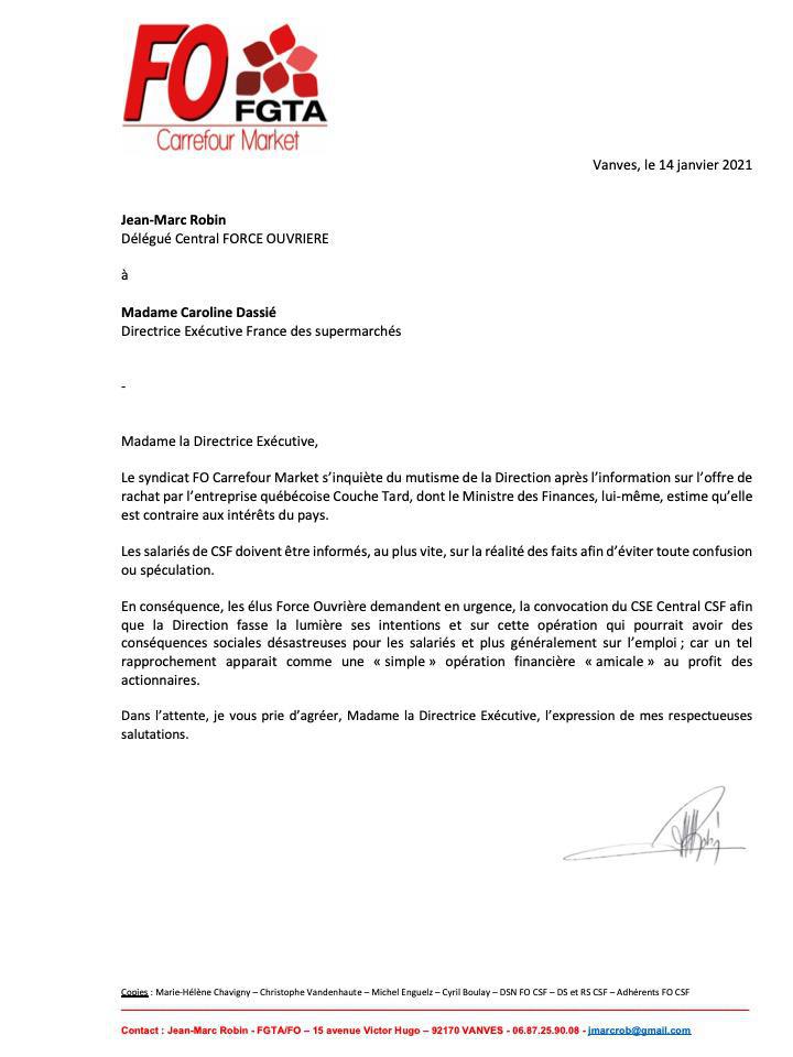 Rachat de Carrefour par Couche Tard : FO demande la réunion d'un CSE Central extraordinaire