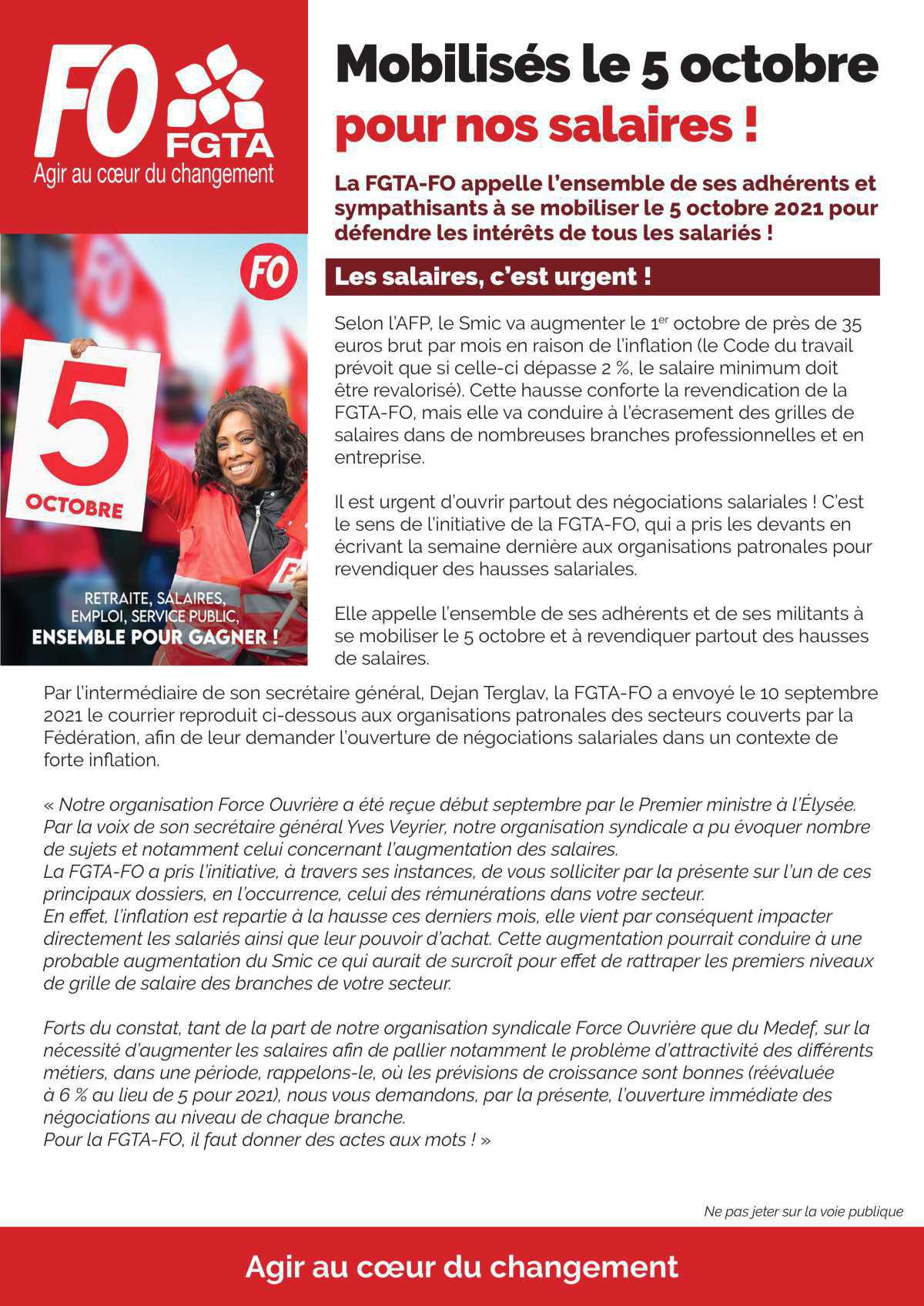 FGTA FO : Mobilisés le 5 octobre pour nos salaires ! FGTA FO : Mobilisés le 5 octobre pour nos salaires !