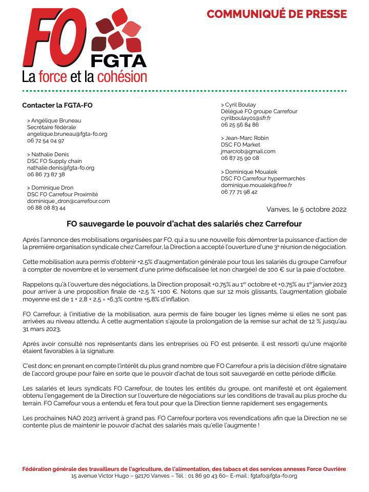FO sauvegarde le pouvoir d’achat des salariés chez Carrefour FO sauvegarde le pouvoir d’achat des salariés chez Carrefour