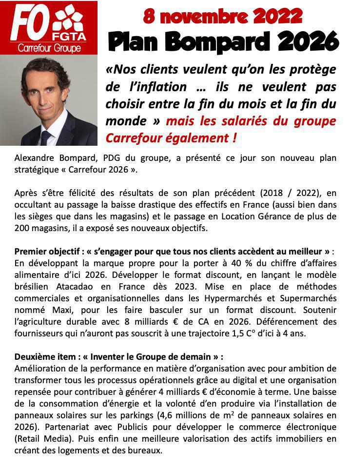 Plan Carrefour 2026 présenté par Alexandre Bompard : FO inquiet pour l'avenir des salariés Plan Carrefour 2026 présenté par Alexandre Bompard : FO inquiet pour l'avenir des salariés