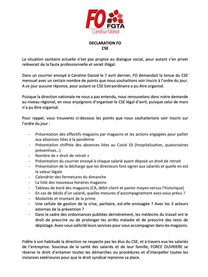 Cse Extra Chez Carrefour Market Declaration De Fo