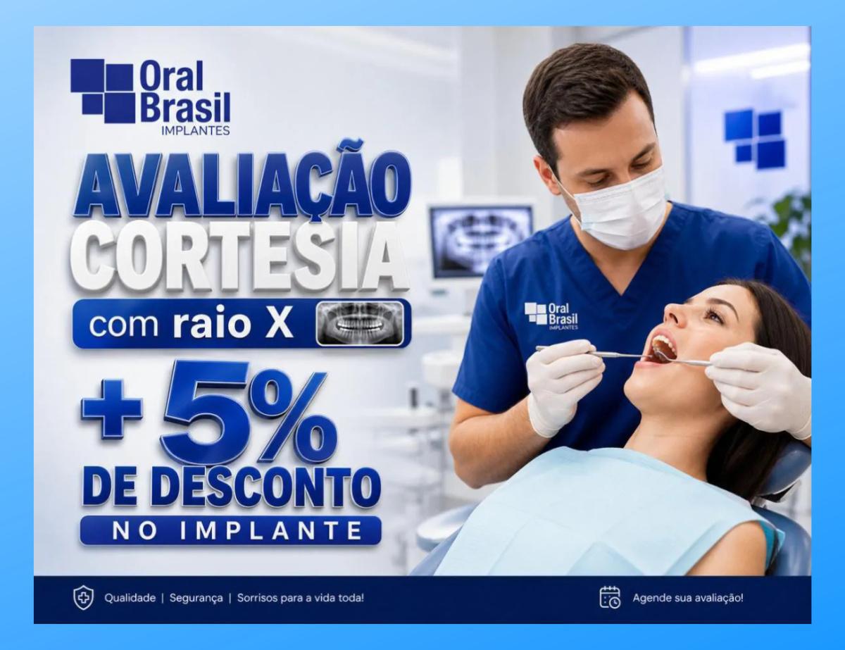 Avaliação cortesia com Raio X + 5% desconto no seu Implante. Avaliação cortesia com Raio X + 5% desconto no seu Implante.
