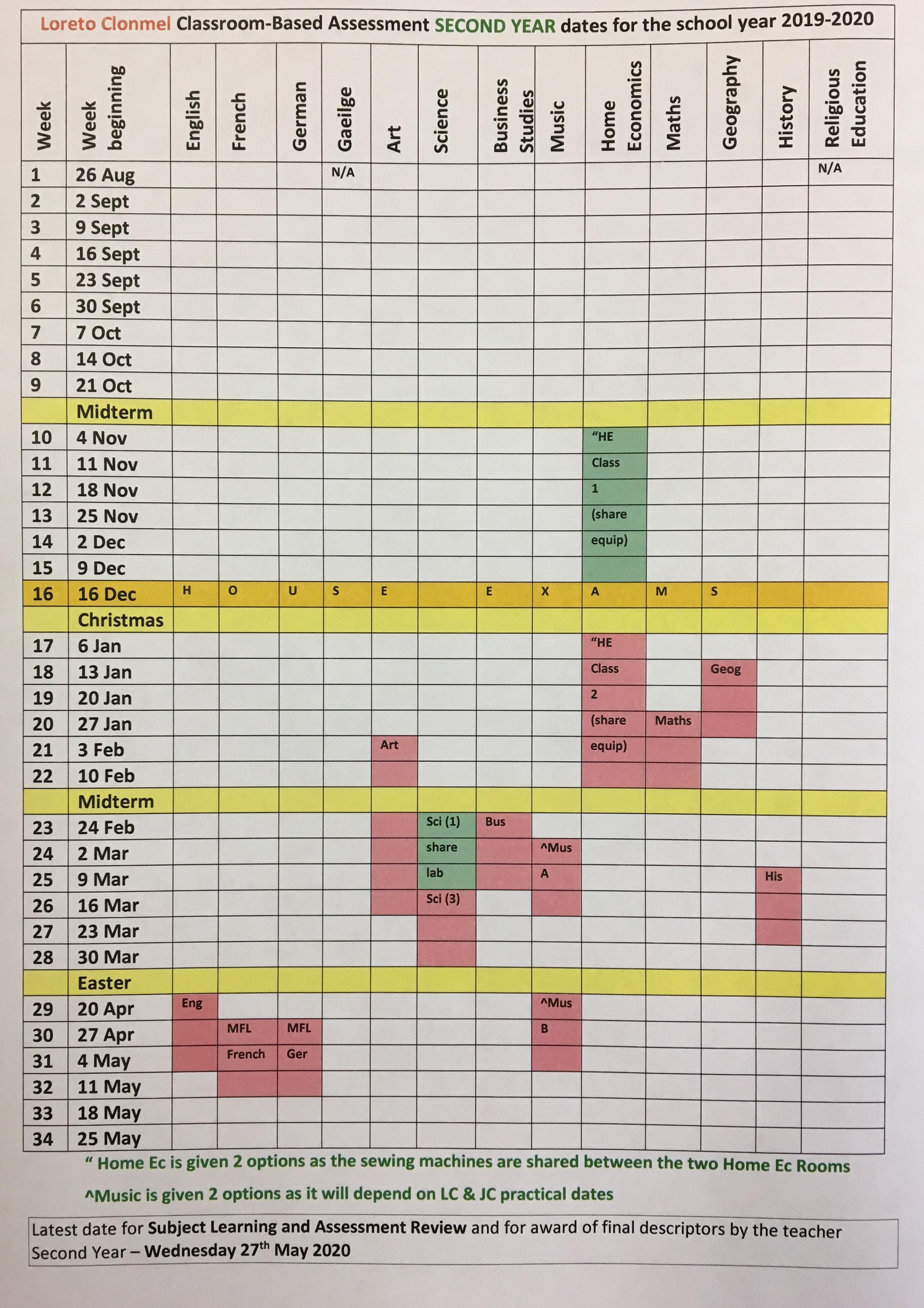 CBA Calendar for 2nd and 3rd Years 20192020