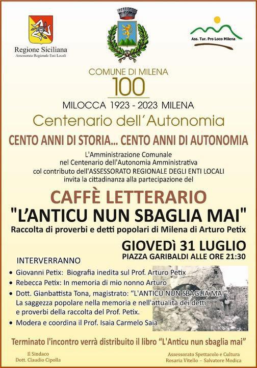 Presentazione e Distribuzione dell'opera postuma di Arturo Petix "L' Anticu nun Sbaglia mai" (inizio ore 21:30)