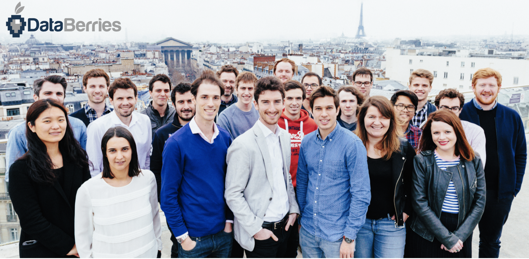 Guillaume Charhon (CTO), Benoit Grouchko (CEO) et François Wyss (COO) avec les équipes Databerries